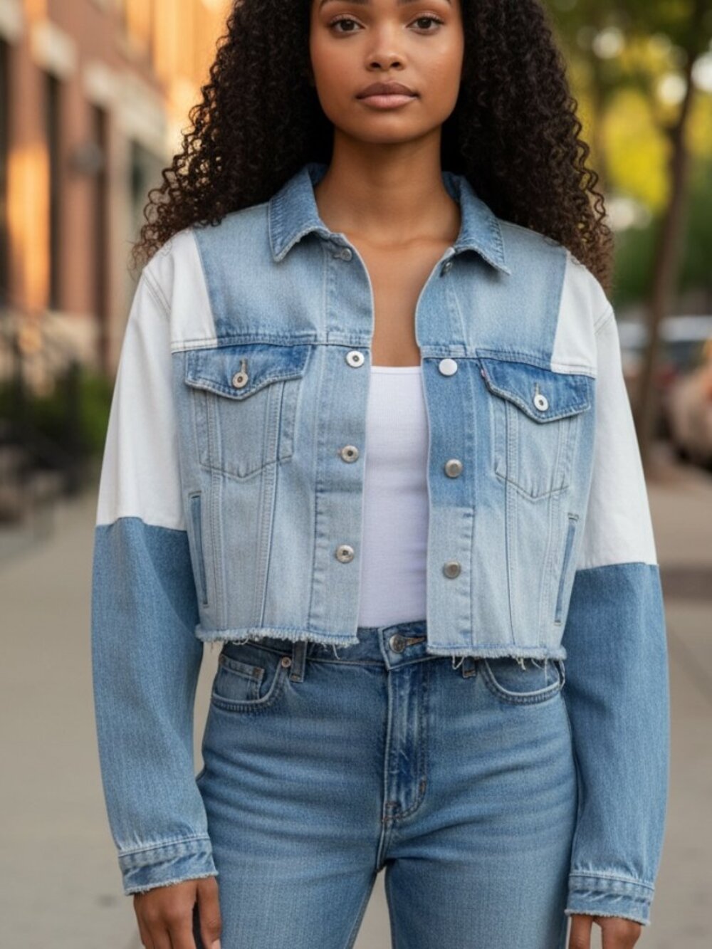 BAYEAS Women's Patch Work Denim Jacket Cropped Raw Edge Sz.S-NWT-Retails for $88